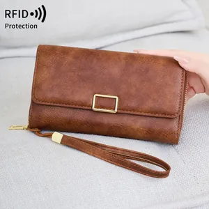 Dames RFID-blokkering Lange Portemonnee Vintage PU Leer Multifunctioneel Drievoudig Gevouwen Polstas Grote Capaciteit Kaarthouder