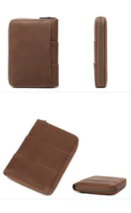 Detail view of brown crazy horse leather passport holder with RFID protection and stitching