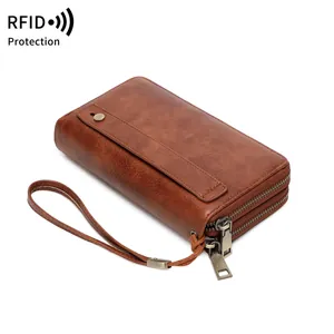 Καφέ RFID μακρύ πορτοφόλι με διπλό φερμουάρ και λουράκι καρπού από τεχνητό δέρμα