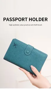 Deep teal leather RFID passport holder with airplane logo and snap button closure