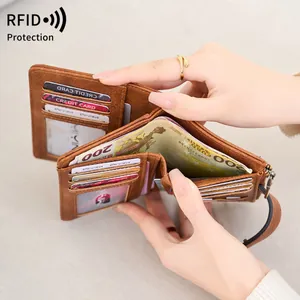 Brown vintage RFID blocking wallet for women with multi-card slots and wrist strap