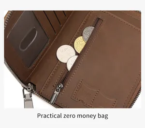 Detail view of brown leather wallet featuring dual SIM card slots and a secure coin zipper pocket