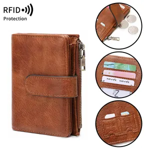 Brown leather RFID blocking trifold wallet for women with coin pocket and card slots