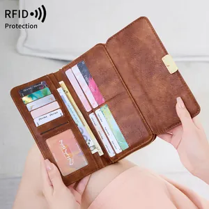 Retro RFID-blokkerende lange damesportemonnee met meerdere kaartvakken in bruin leder