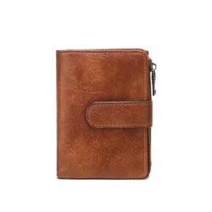 Vintage dark brown RFID leather wallet for women with retro texture and zipper detail