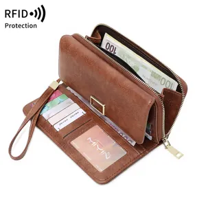 Bruine lederen lange portemonnee voor dames met RFID-bescherming en polsbandje luxe