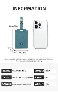 Detail of teal PU leather luggage tag with size dimensions and phone scale comparison