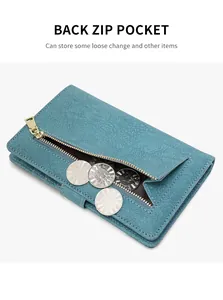 Close-up of RFID passport wallet back zip pocket with coins in Morandi blue faux leather