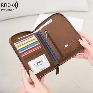 Brown vintage crazy horse leather RFID passport wallet with multi-card slots and coin pocket