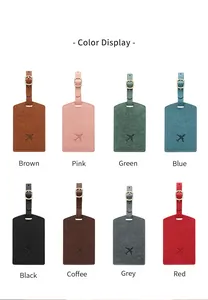 Detailed view of eight multi-colored PU leather luggage tags with embossed airplane icons