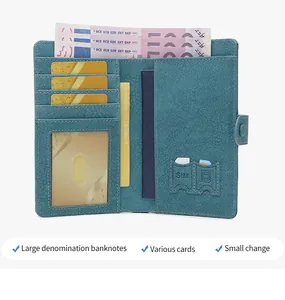 Detail view of RFID passport wallet with internal slots for cards, SIMs and currency