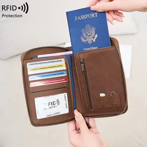 Vintage brown crazy horse leather RFID passport holder wallet with multiple slots