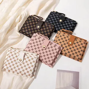 Slim floral print leather wallet for women with zipper pocket and metal snap closure