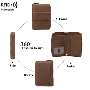Vintage brown crazy horse leather RFID passport holder with 360-degree multi-angle views
