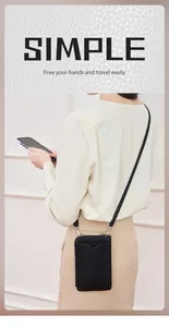 Close-up of litchi texture black leather phone bag with slim crossbody strap details