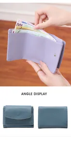 Detail angle display of RFID tri-fold pebble leather wallet with snap coin pocket