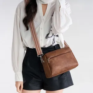 Women Retro Casual PU Leather Small Square Bag Contrast Wide Strap Crossbody Bag Fashion Shoulder Bag Versatile Daily Satchel Bag