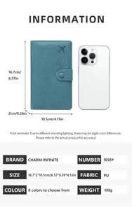 Detailed size specifications of blue RFID passport wallet with aircraft embossing
