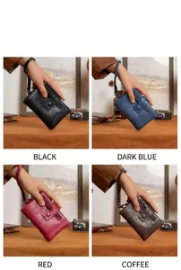 Detail showing vintage litchi grain leather textures in black, blue, red, and brown tones