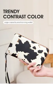 Cartera larga para mujer con estampado de vaca y bloqueo RFID con asa de muñeca