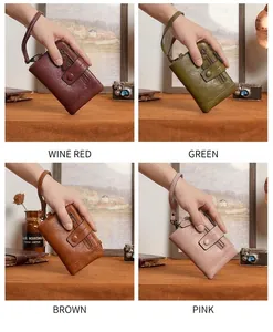 Detailed views of multi-color RFID leather wallets in wine red, green, brown, and pink