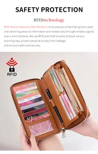 Detalle interior de cartera RFID con ranuras para tarjetas y cuero marrón de grano fino