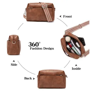 Brown vintage faux leather crossbody bag with geometric woven strap and 360-degree view