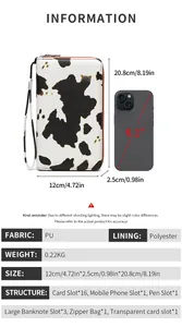 Detalle de cartera RFID con estampado de vaca, 16 ranuras para tarjetas y sección de móvil