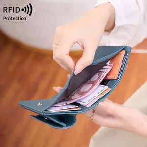 Teal RFID blocking leather wallet with lychee texture and multi-card slot design