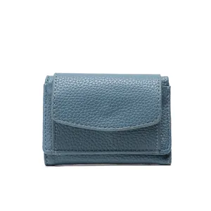 Blue RFID leather tri-fold wallet with lychee pattern and white stitching detail