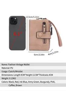 Pink PU leather wallet size comparison with 6.1-inch phone showing 9x13.5x4cm dimensions