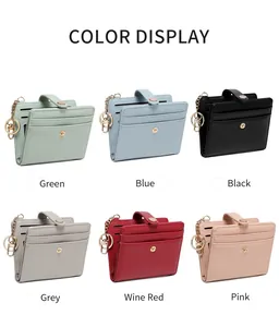 Matrix view of slim RFID bifold wallets in six colors with keychains and snap buttons