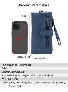 Detailed size specifications of the RFID long wallet showing dimensions 19x9x4cm and weight