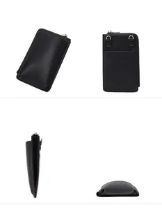 Detailed views of black pebbled leather vertical phone pouch with card slots and metal zipper