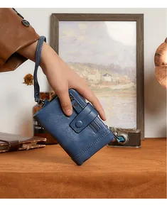 Blue retro PU leather wallet featuring a zipper pocket, snap buckle, and wrist strap detail