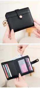 Slim RFID-blocking bifold wallet for women in black faux leather with snap closure