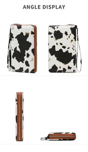 Vista multiángulo de cartera larga RFID con estampado de vaca y muñequera