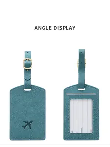 Detailed view of the front and back of the cyan PU leather luggage tag with white stitching