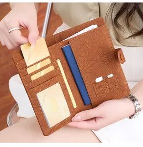 Macro view of brown leather passport wallet interior with card slots and SIM holders