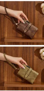 Détails de portefeuilles rétro en cuir PU marron foncé et vert olive avec dragonnes