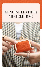 Mini sac à clip en cuir véritable orange avec texture litchi et fermoir doré