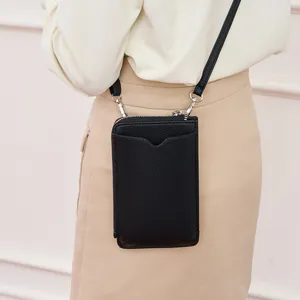 Litchi pattern leather crossbody phone bag for women with U-shaped front pocket and silver zipper