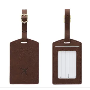 Detail of PU leather luggage tag set with address card and adjustable strap buckle