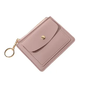 Porte-monnaie mince pour femme en cuir avec fermeture éclair et porte-clés rose