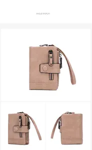 Three-angle view of pink RFID leather wallet showing zipper pockets and wristlet strap