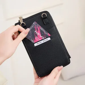 Black lychee leather crossbody phone bag with RFID blocking card slot and silver hardware