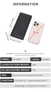 Detailed internal structure of RFID slim microfiber long wallet with 11 card slots