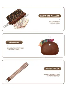 Detail of leopard print purse, brown leather card holder and woven wrist strap set