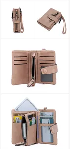 Detail view of pink multi-functional tri-fold PU leather wallet with RFID card slots