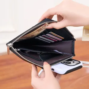 Litchi pattern leather crossbody phone bag with multi-card slots and cash compartments